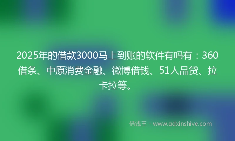 2025年的借款3000马上到账的软件有吗有:360借条、中原消费金融、微博借钱、51人品贷、拉卡拉等。