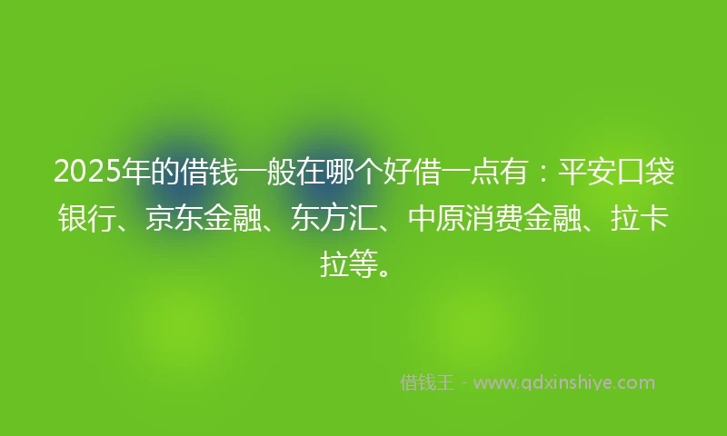 2025年的借钱一般在哪个好借一点有：平安口袋银行、京东金融、东方汇、中原消费金融、拉卡拉等。