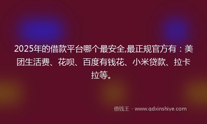 2025年的借款平台哪个最安全,最正规官方有：美团生活费、花呗、百度有钱花、小米贷款、拉卡拉等。