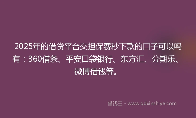 2025年的借贷平台交担保费秒下款的口子可以吗有：360借条、平安口袋银行、东方汇、分期乐、微博借钱等。