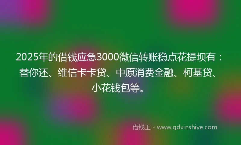 2025年的借钱应急3000微信转账稳点花提坝有：替你还、维信卡卡贷、中原消费金融、柯基贷、小花钱包等。