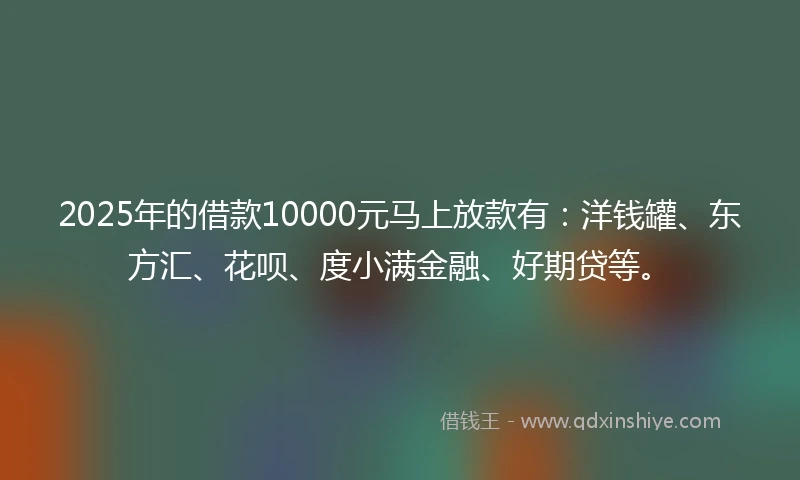 2025年的借款10000元马上放款有：洋钱罐、东方汇、花呗、度小满金融、好期贷等。