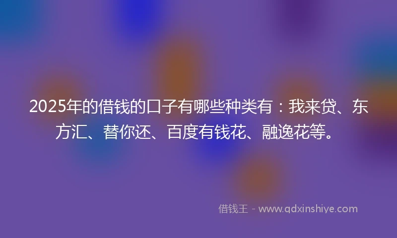 2025年的借钱的口子有哪些种类有：我来贷、东方汇、替你还、百度有钱花、融逸花等。