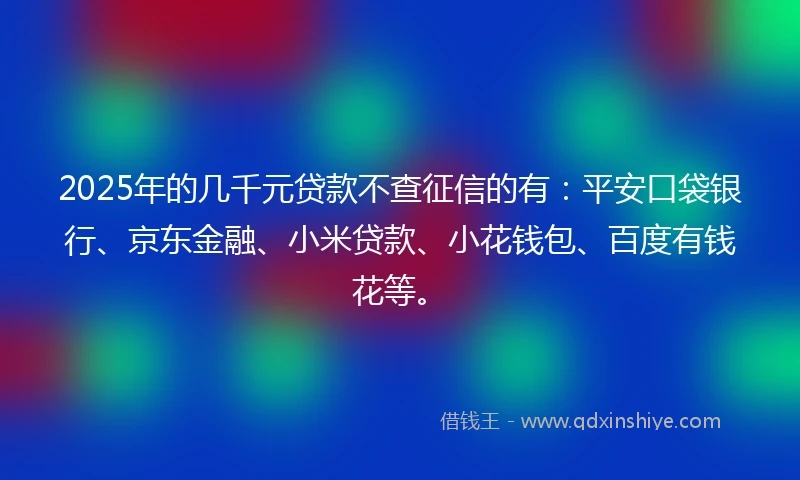 2025年的几千元贷款不查征信的有：平安口袋银行、京东金融、小米贷款、小花钱包、百度有钱花等。