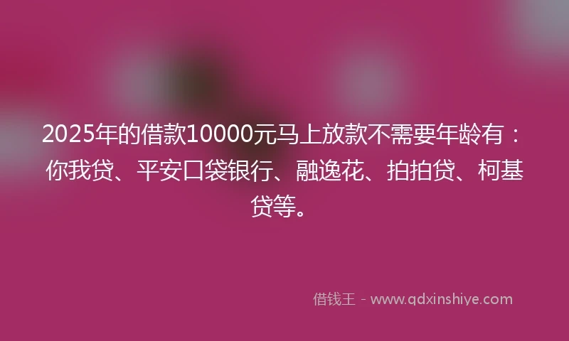 2025年的借款10000元马上放款不需要年龄有：你我贷、平安口袋银行、融逸花、拍拍贷、柯基贷等。
