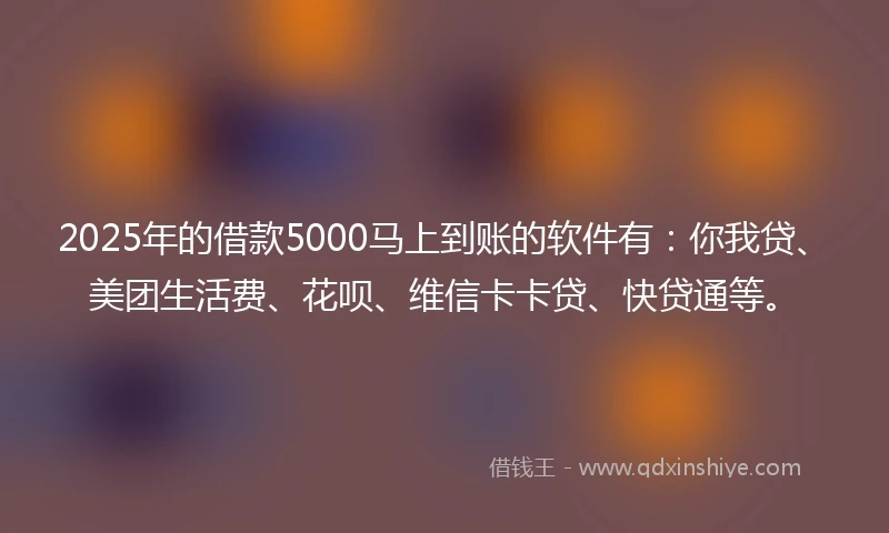 2025年的借款5000马上到账的软件有：你我贷、美团生活费、花呗、维信卡卡贷、快贷通等。