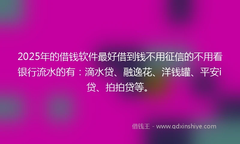 2025年的借钱软件最好借到钱不用征信的不用看银行流水的有：滴水贷、融逸花、洋钱罐、平安i贷、拍拍贷等。