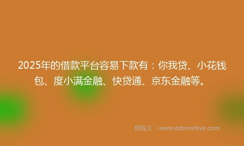 2025年的借款平台容易下款有：你我贷、小花钱包、度小满金融、快贷通、京东金融等。