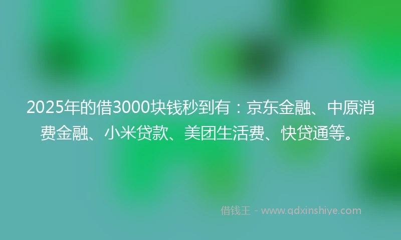 2025年的借3000块钱秒到有：京东金融、中原消费金融、小米贷款、美团生活费、快贷通等。