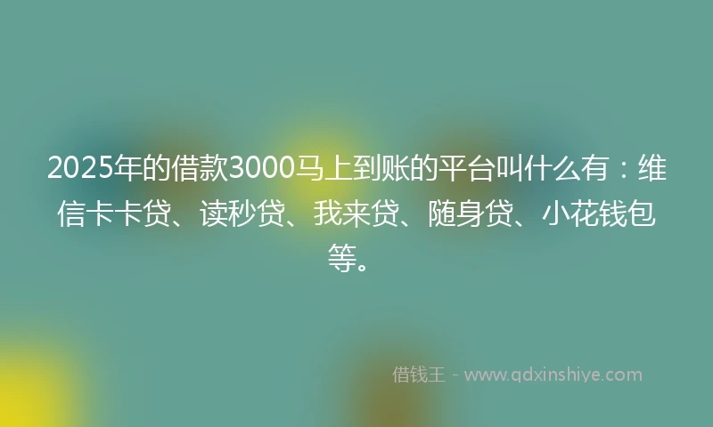 2025年的借款3000马上到账的平台叫什么有：维信卡卡贷、读秒贷、我来贷、随身贷、小花钱包等。
