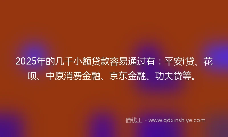 2025年的几千小额贷款容易通过有：平安i贷、花呗、中原消费金融、京东金融、功夫贷等。