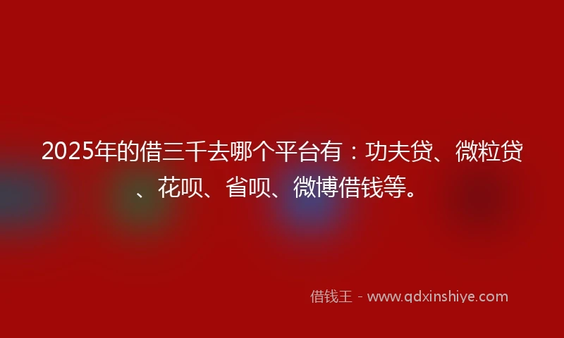 2025年的借三千去哪个平台有：功夫贷、微粒贷、花呗、省呗、微博借钱等。