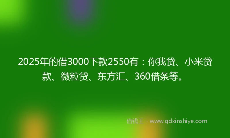 2025年的借3000下款2550有：你我贷、小米贷款、微粒贷、东方汇、360借条等。