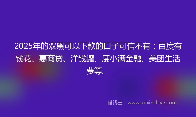 2025年的双黑可以下款的口子可信不有：百度有钱花、惠商贷、洋钱罐、度小满金融、美团生活费等。