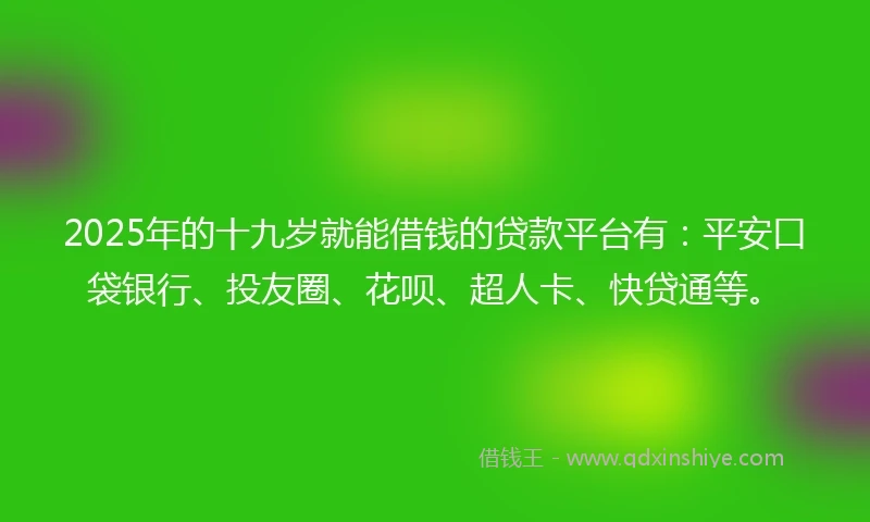 2025年的十九岁就能借钱的贷款平台有：平安口袋银行、投友圈、花呗、超人卡、快贷通等。