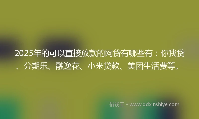 2025年的可以直接放款的网贷有哪些有：你我贷、分期乐、融逸花、小米贷款、美团生活费等。