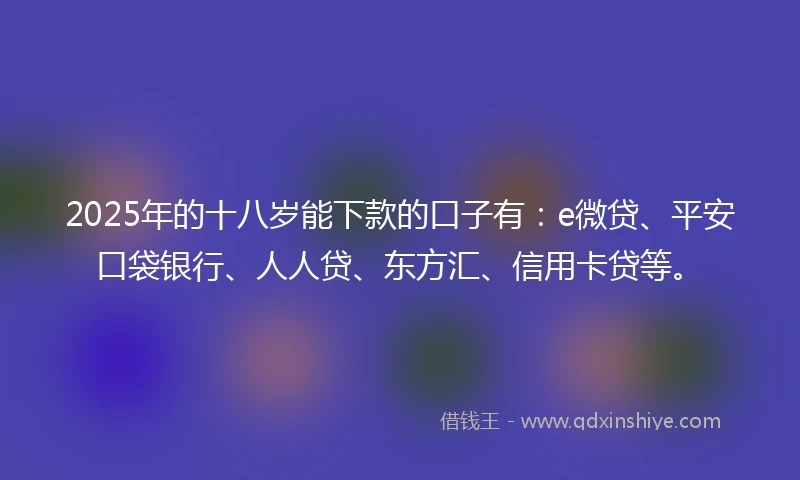 2025年的十八岁能下款的口子有：e微贷、平安口袋银行、人人贷、东方汇、信用卡贷等。