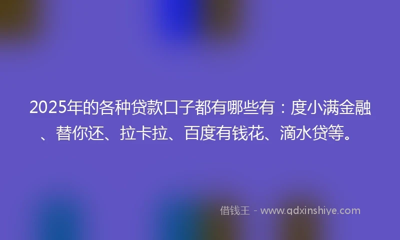 2025年的各种贷款口子都有哪些有：度小满金融、替你还、拉卡拉、百度有钱花、滴水贷等。