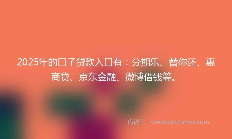 2025年的口子贷款入口有：分期乐、替你还、惠商贷、京东金融、微博借钱等。