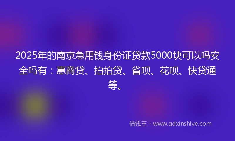2025年的南京急用钱身份证贷款5000块可以吗安全吗有：惠商贷、拍拍贷、省呗、花呗、快贷通等。
