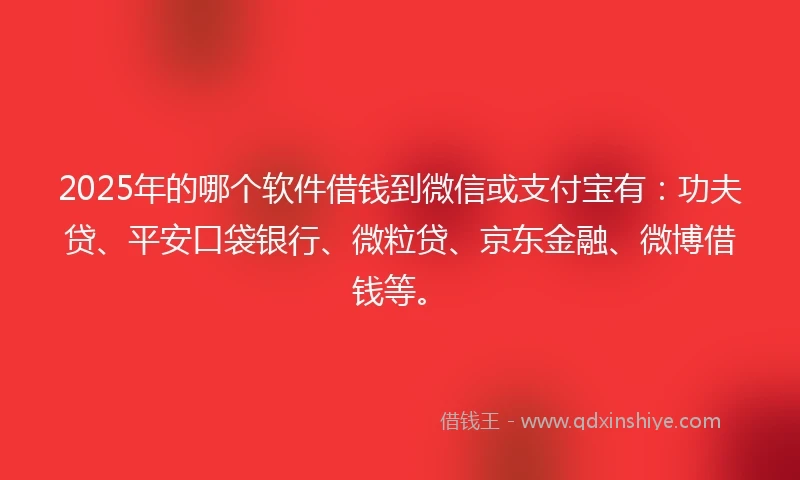 2025年的哪个软件借钱到微信或支付宝有：功夫贷、平安口袋银行、微粒贷、京东金融、微博借钱等。