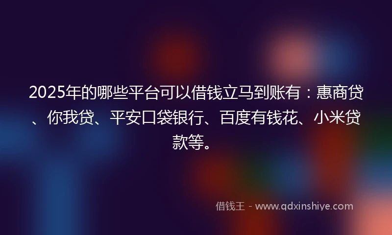 2025年的哪些平台可以借钱立马到账有:惠商贷、你我贷、平安口袋银行、百度有钱花、小米贷款等。