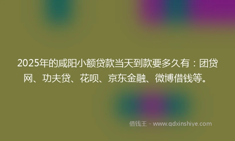 2025年的咸阳小额贷款当天到款要多久有：团贷网、功夫贷、花呗、京东金融、微博借钱等。