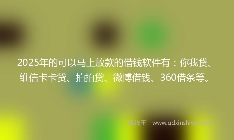 2025年的可以马上放款的借钱软件有：你我贷、维信卡卡贷、拍拍贷、微博借钱、360借条等。