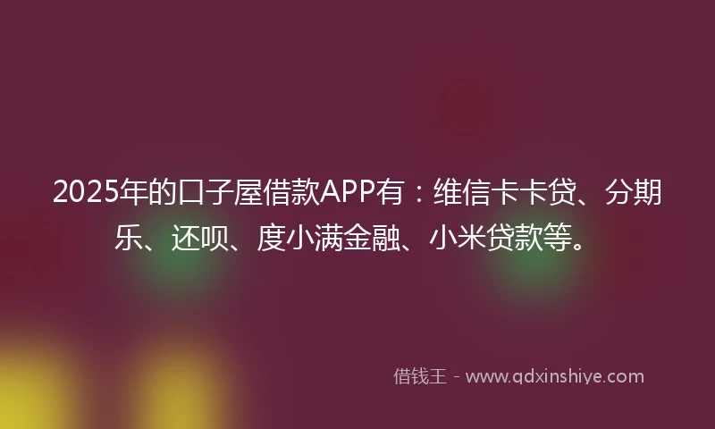 2025年的口子屋借款APP有：维信卡卡贷、分期乐、还呗、度小满金融、小米贷款等。