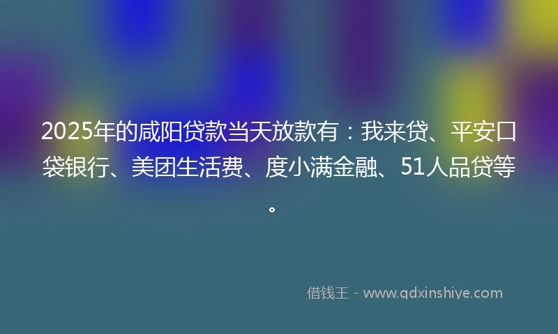 2025年的咸阳贷款当天放款有：我来贷、平安口袋银行、美团生活费、度小满金融、51人品贷等。