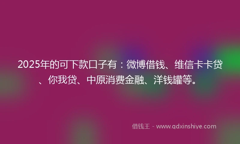 2025年的可下款口子有：微博借钱、维信卡卡贷、你我贷、中原消费金融、洋钱罐等。