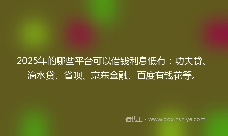 2025年的哪些平台可以借钱利息低有：功夫贷、滴水贷、省呗、京东金融、百度有钱花等。