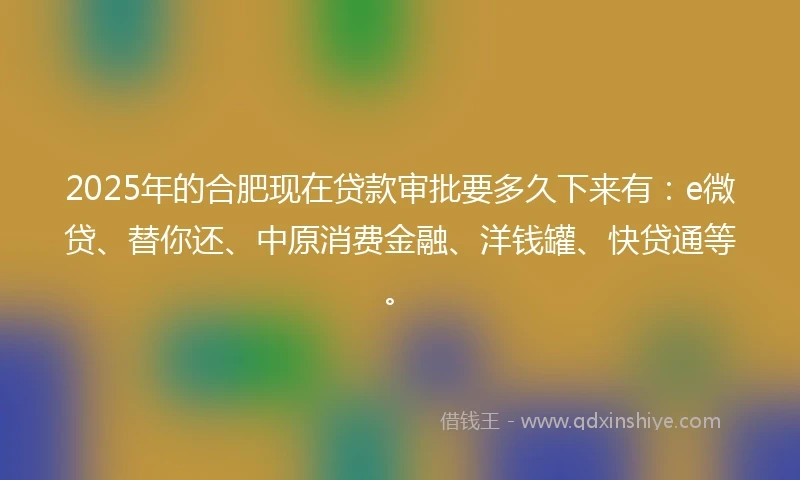 2025年的合肥现在贷款审批要多久下来有：e微贷、替你还、中原消费金融、洋钱罐、快贷通等。