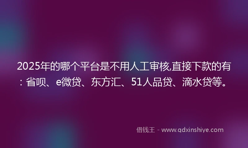 2025年的哪个平台是不用人工审核,直接下款的有：省呗、e微贷、东方汇、51人品贷、滴水贷等。