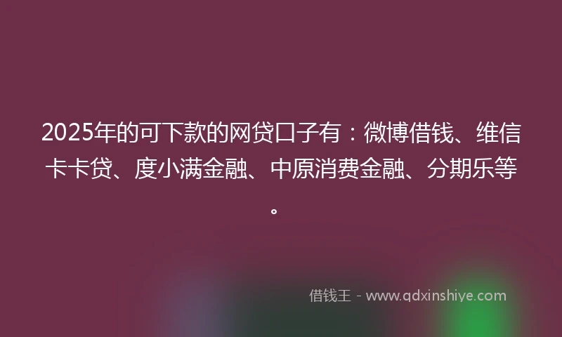 2025年的可下款的网贷口子有：微博借钱、维信卡卡贷、度小满金融、中原消费金融、分期乐等。