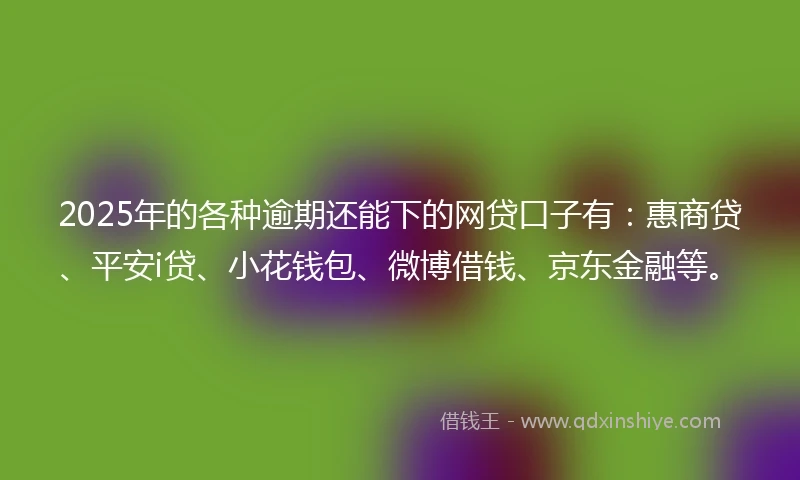 2025年的各种逾期还能下的网贷口子有：惠商贷、平安i贷、小花钱包、微博借钱、京东金融等。