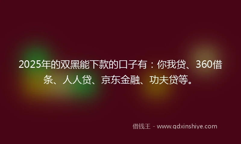 2025年的双黑能下款的口子有：你我贷、360借条、人人贷、京东金融、功夫贷等。
