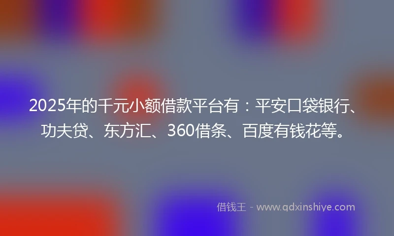 2025年的千元小额借款平台有：平安口袋银行、功夫贷、东方汇、360借条、百度有钱花等。