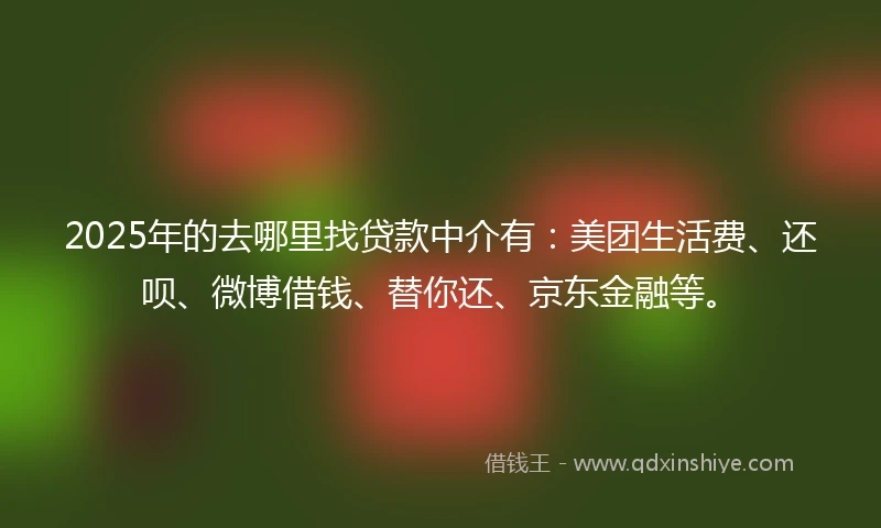2025年的去哪里找贷款中介有：美团生活费、还呗、微博借钱、替你还、京东金融等。