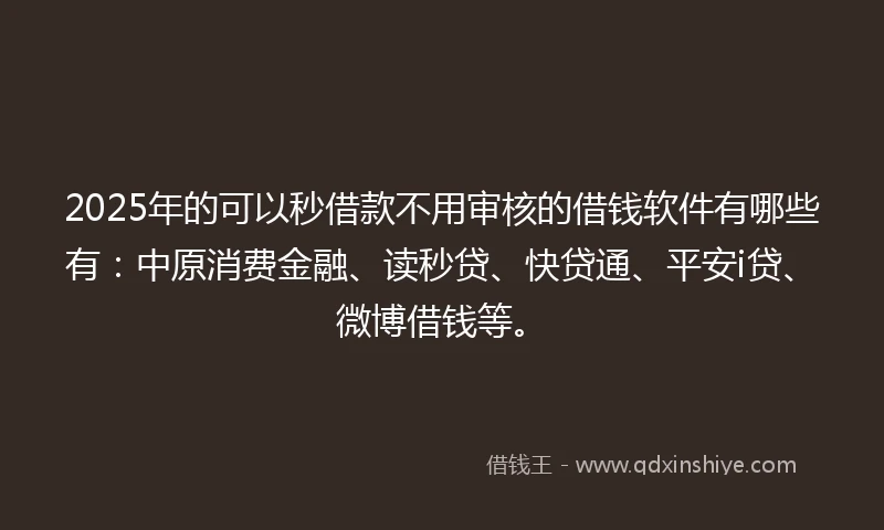 2025年的可以秒借款不用审核的借钱软件有哪些有：中原消费金融、读秒贷、快贷通、平安i贷、微博借钱等。