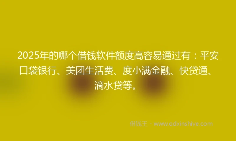2025年的哪个借钱软件额度高容易通过有：平安口袋银行、美团生活费、度小满金融、快贷通、滴水贷等。