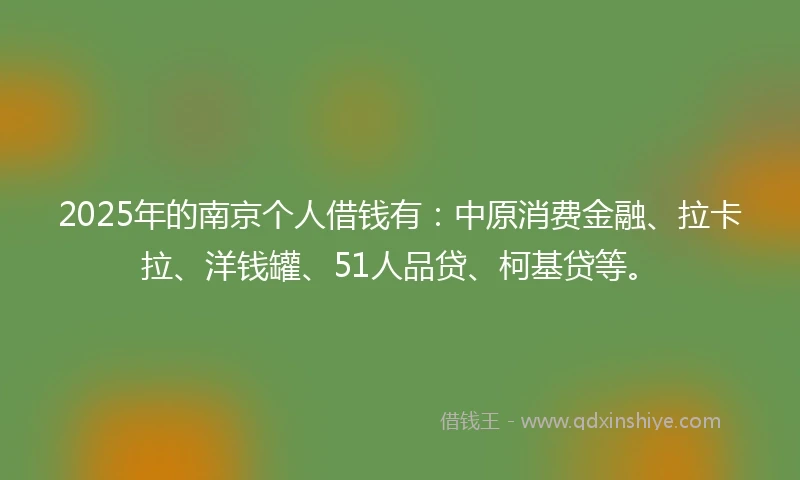 2025年的南京个人借钱有：中原消费金融、拉卡拉、洋钱罐、51人品贷、柯基贷等。