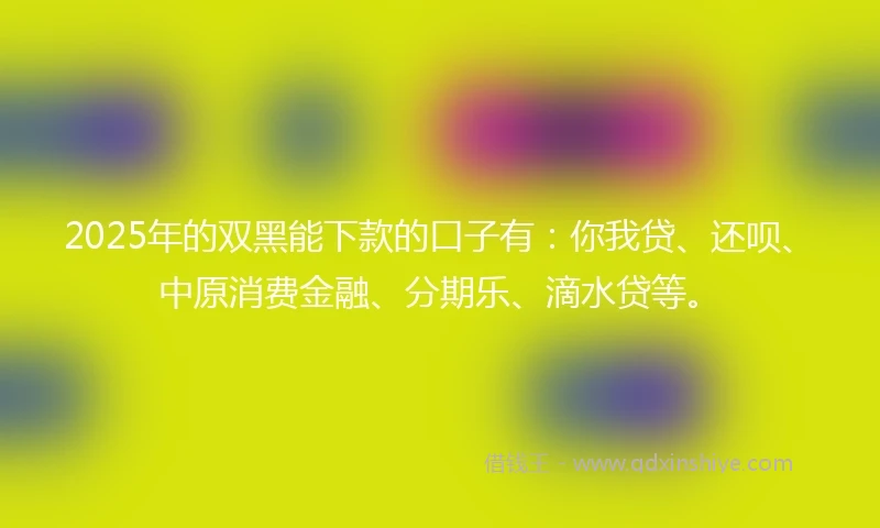 2025年的双黑能下款的口子有：你我贷、还呗、中原消费金融、分期乐、滴水贷等。