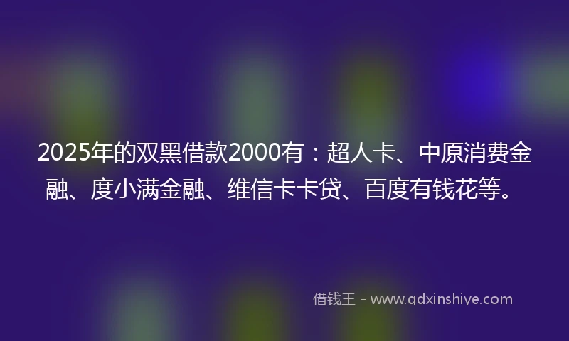2025年的双黑借款2000有：超人卡、中原消费金融、度小满金融、维信卡卡贷、百度有钱花等。