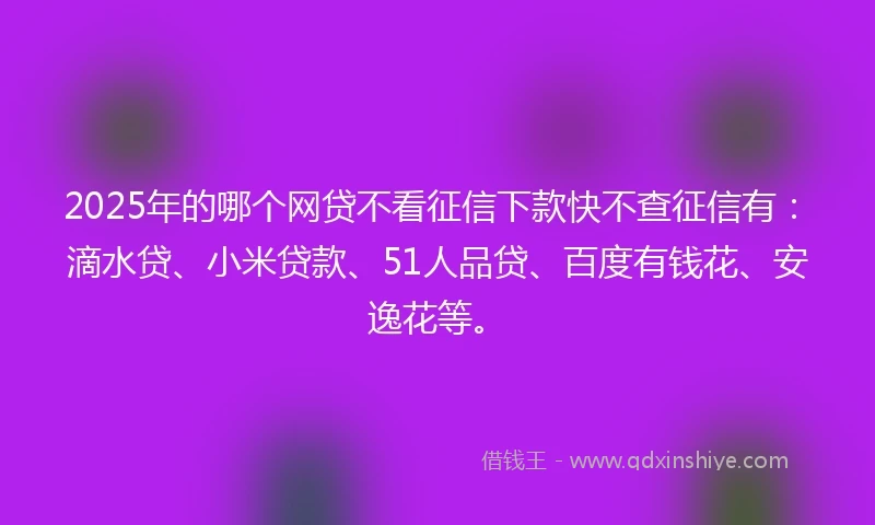 2025年的哪个网贷不看征信下款快不查征信有：滴水贷、小米贷款、51人品贷、百度有钱花、安逸花等。