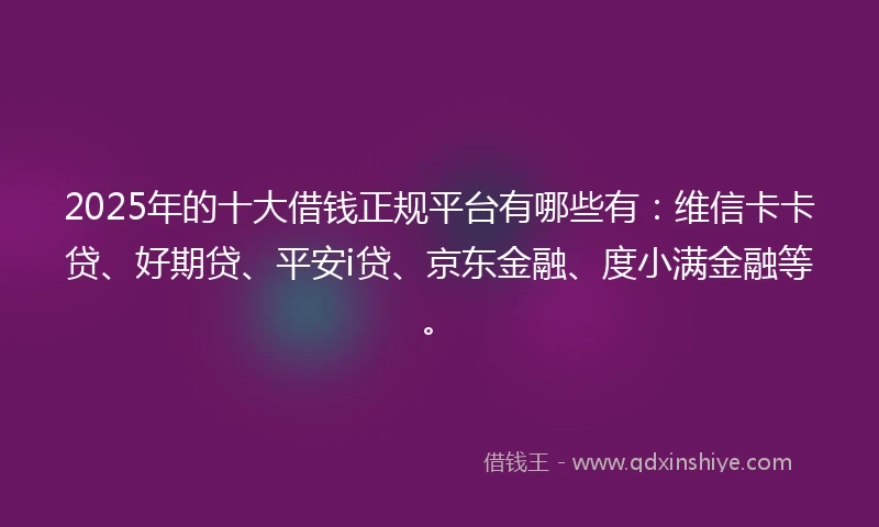 2025年的十大借钱正规平台有哪些有：维信卡卡贷、好期贷、平安i贷、京东金融、度小满金融等。