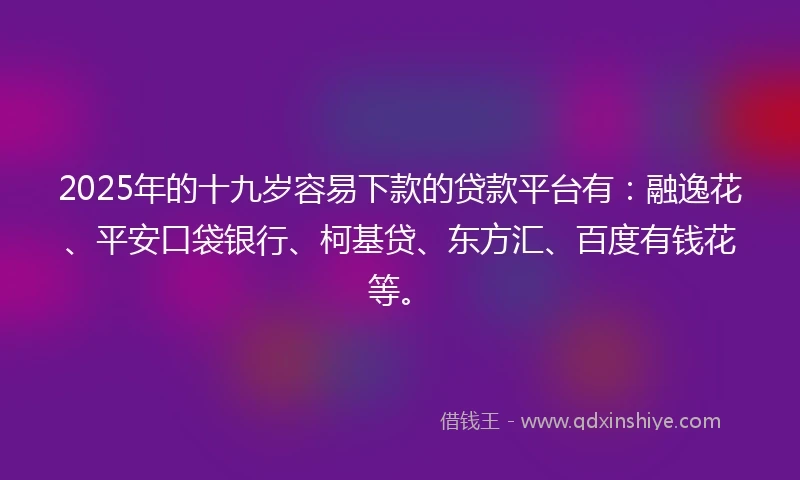 2025年的十九岁容易下款的贷款平台有：融逸花、平安口袋银行、柯基贷、东方汇、百度有钱花等。