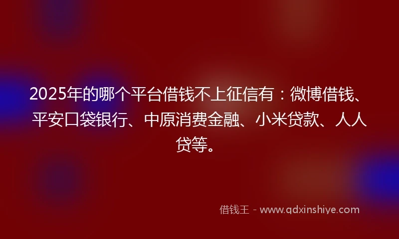 2025年的哪个平台借钱不上征信有：微博借钱、平安口袋银行、中原消费金融、小米贷款、人人贷等。