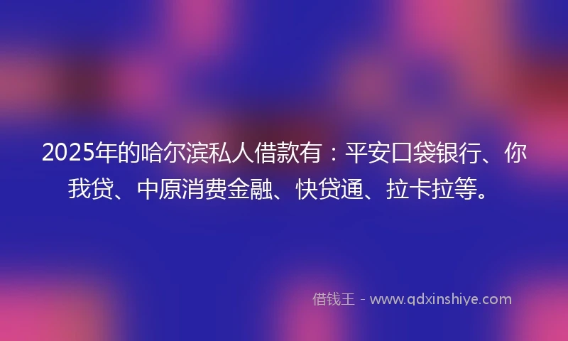 2025年的哈尔滨私人借款有：平安口袋银行、你我贷、中原消费金融、快贷通、拉卡拉等。