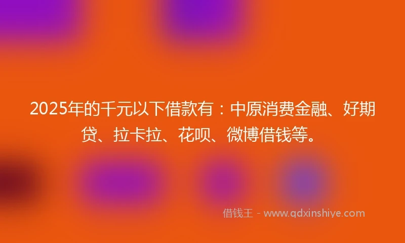 2025年的千元以下借款有：中原消费金融、好期贷、拉卡拉、花呗、微博借钱等。